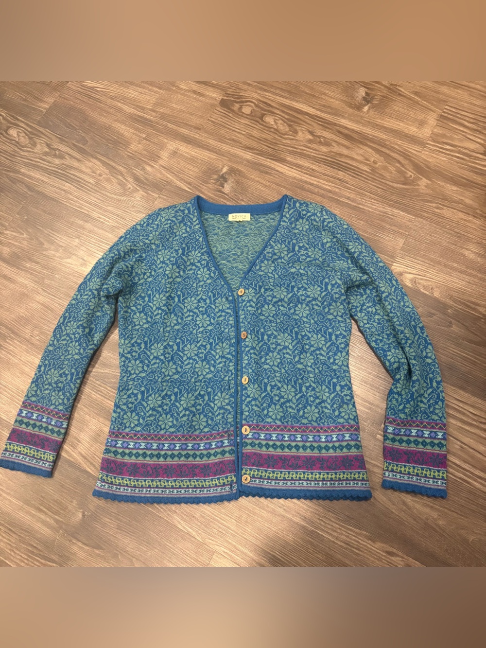 Novica Alpaca Teal Patterned V-Neck Button Cardigan Sweater